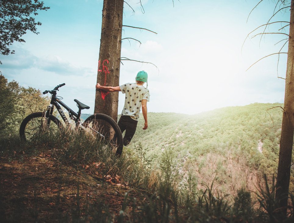 A bicycle resting against a post in a sunlit field